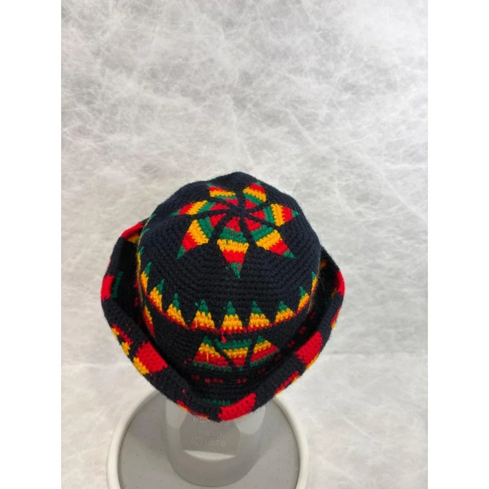 Vintage Handmade Rasta Crochet Bucket Hat Black Red Yellow Green‎ Geometric Star